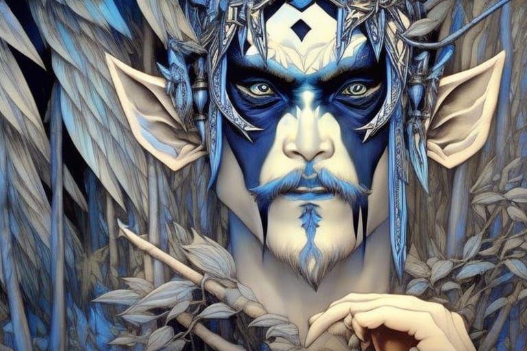 Blue Goblin Boy Portrait in Art Nouveau Style