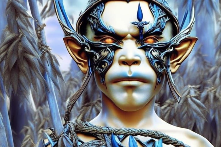 Blue Goblin Boy Portrait in Art Nouveau Style