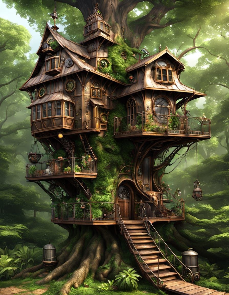 Steampunk Treehouse Amidst a Lush Forest
