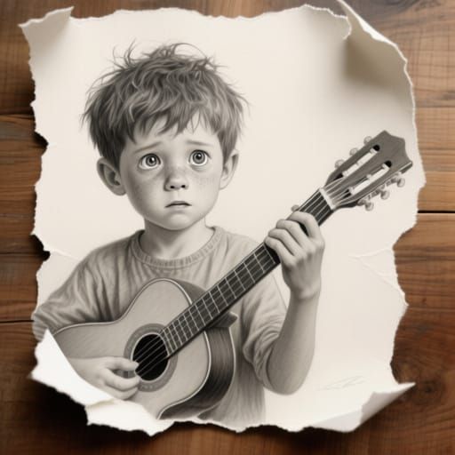 Hyper-Realistic Pencil Drawing of a Boy Playing Guitar