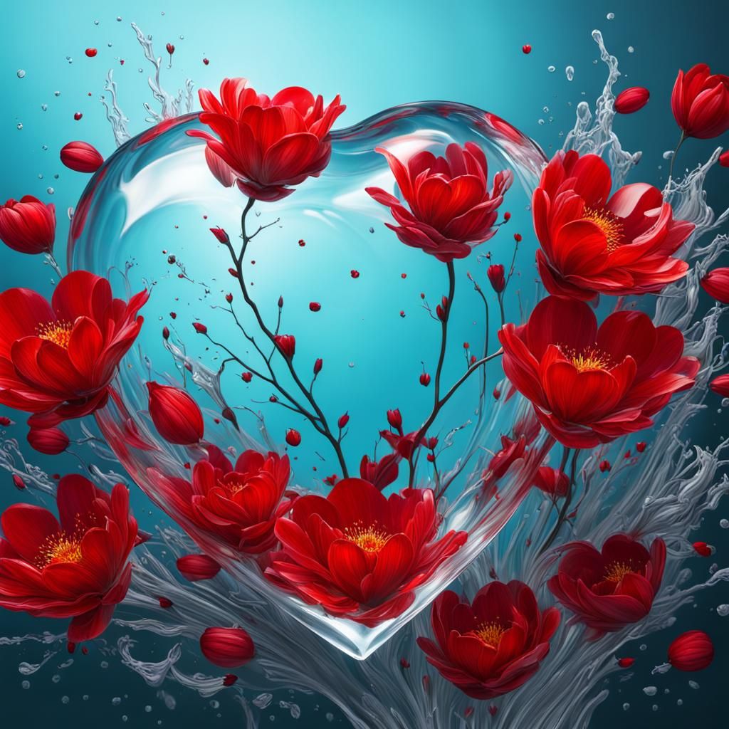 Scenery with red flowers in a transparent glass heart