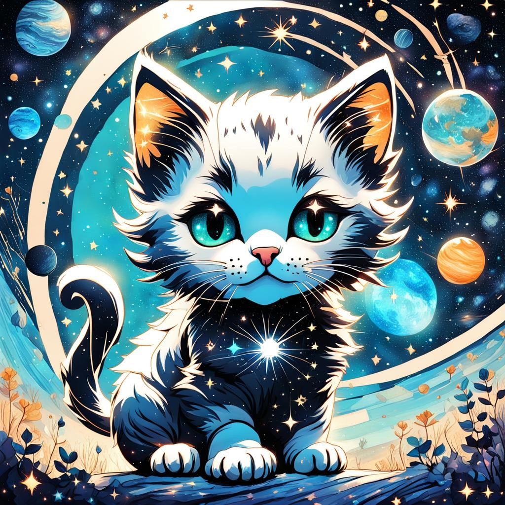 Happy Kitten in Galaxy Space: Silhouette Art