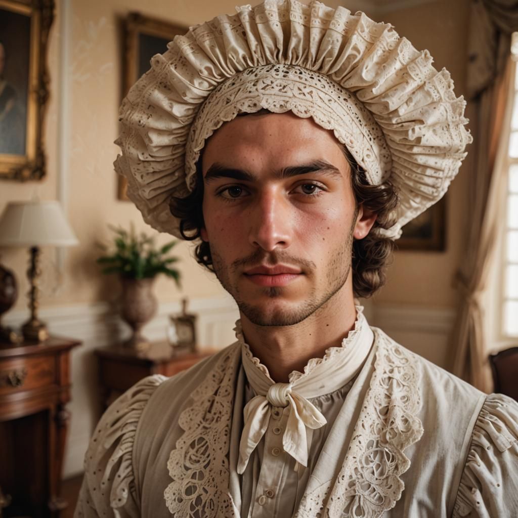 Colonial Portrait of Young Man in Frilly Bonnet