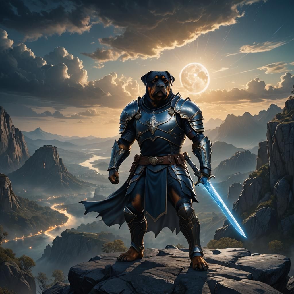 Rottweiler knight with blue lowing sword. Epic cinematic bri...