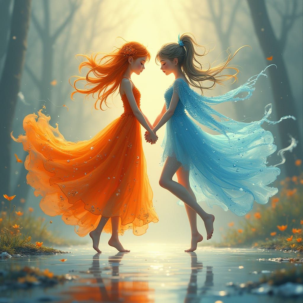 Fire and Ice Sprites Dancing in Ethereal Light