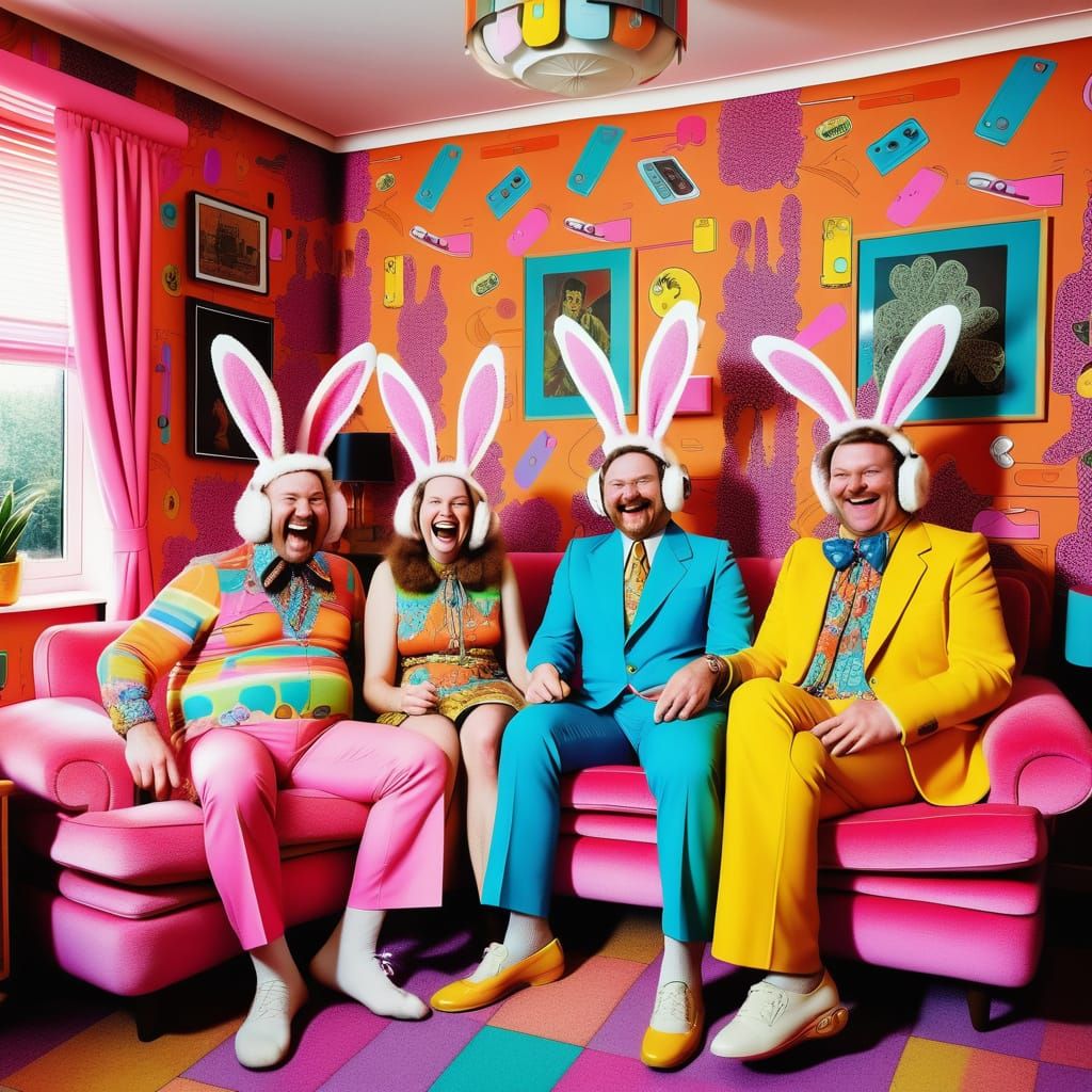 Happy Adults in Bunny Costumes, Hand-Drawn Style