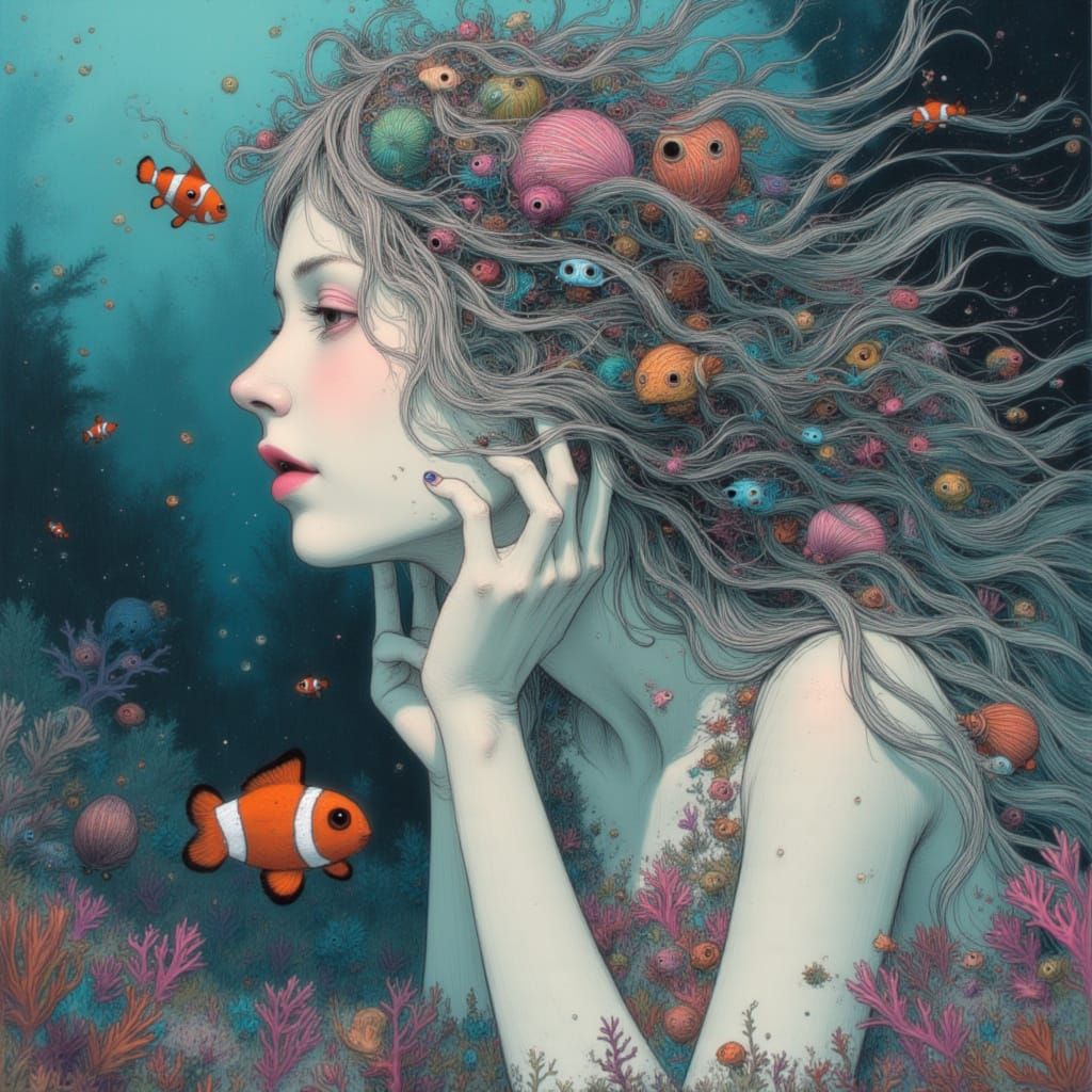 Underwater Woman in Biomechanical Anime Style