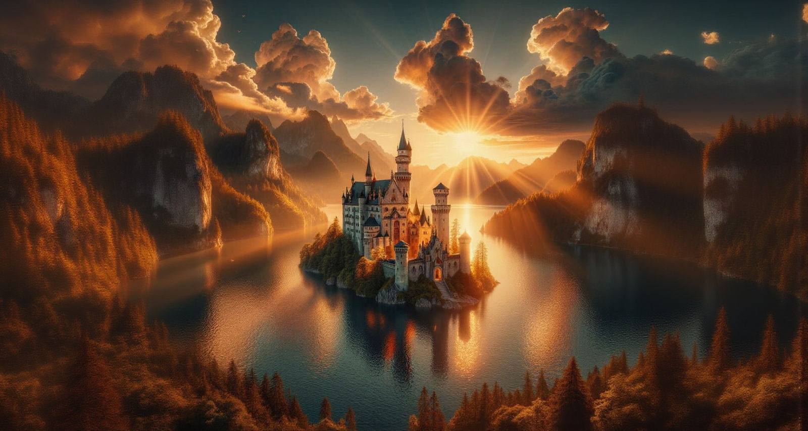 Fantasy Castle on Lake at Dawn in HDR