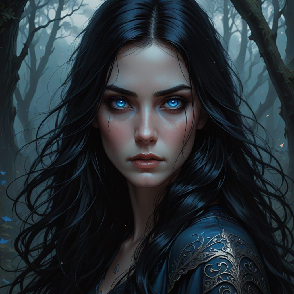 Ethereal Young Woman with Long Black Hair and Blue Eyes