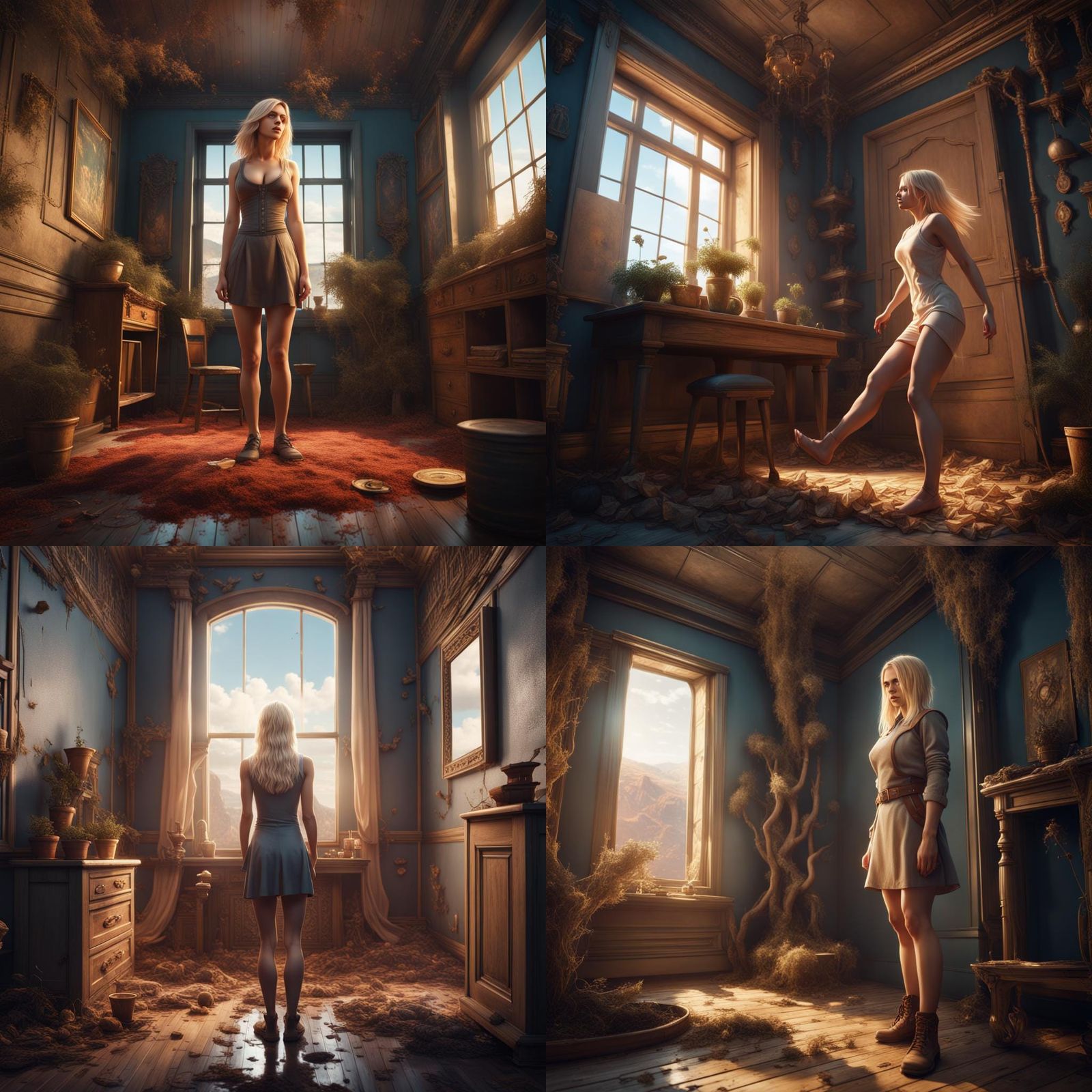Giant Blonde Woman in Overgrown Room