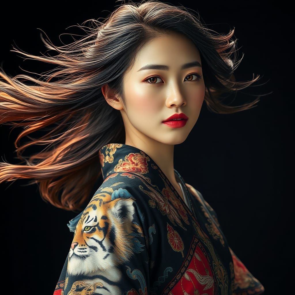 Korean Woman in Ornate Kimono: Hyperrealistic Portrait