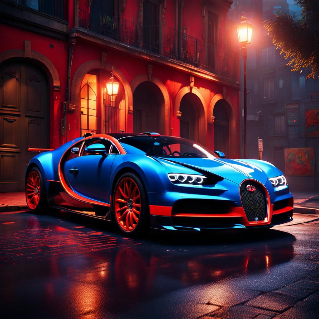 Bugatti in Red Moonlight with Graffiti: Detailed Matte Paint...