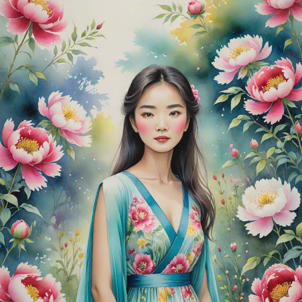 Woman in Vibrant Peony Garden