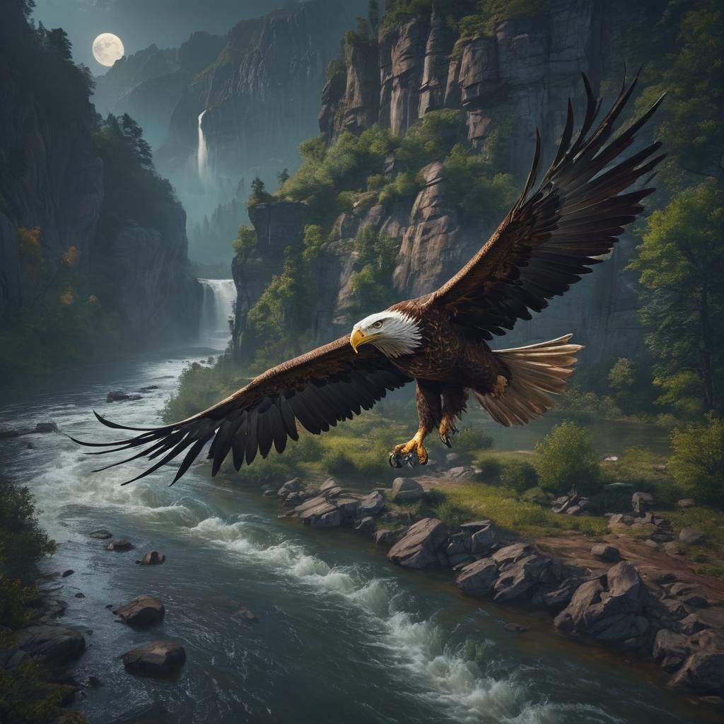 Giant Eagle Flying Over Moonlit Valley