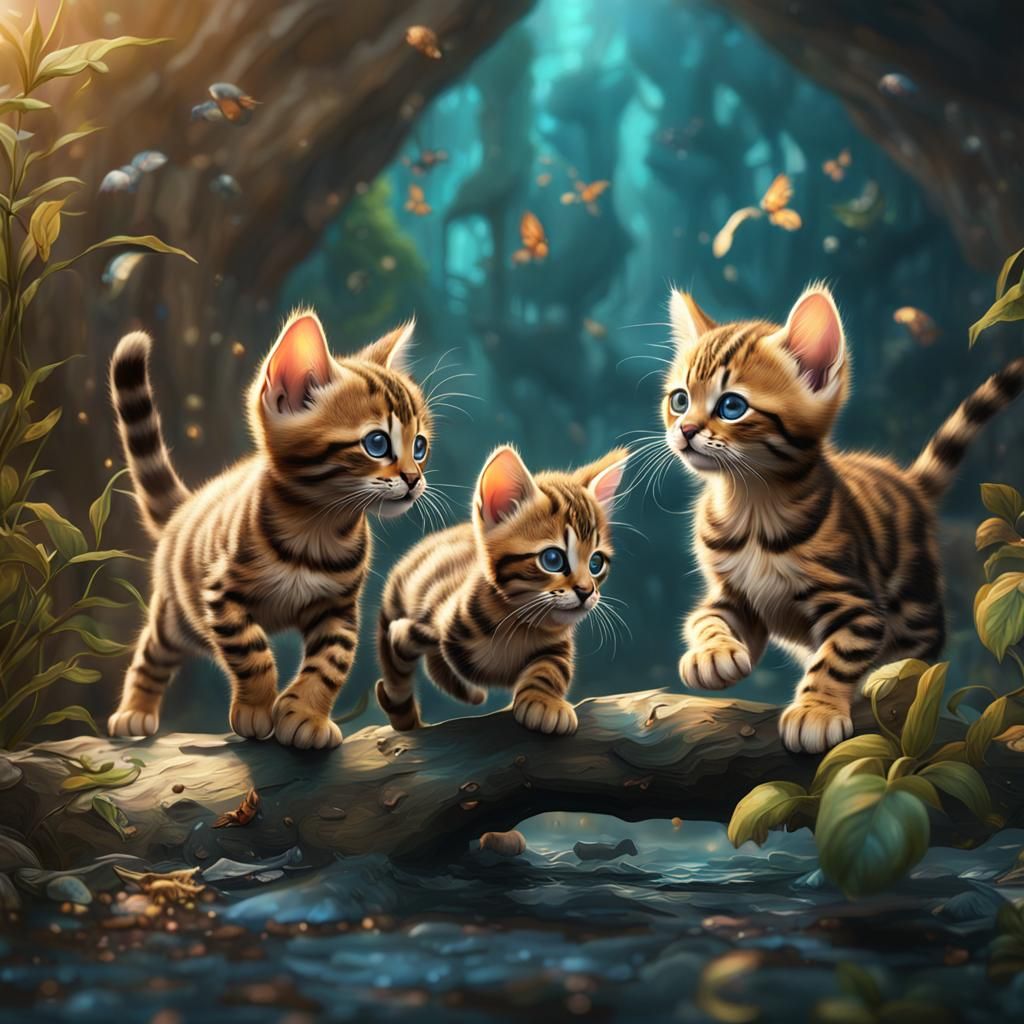 Bengal Kittens Playing: Detailed Fantasy Concept Art