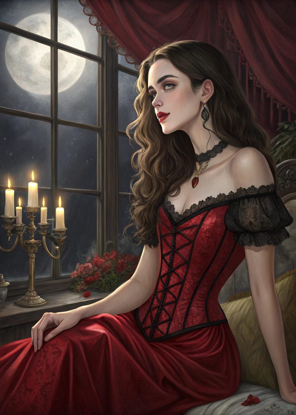 Ethereal Beauty in Crimson Corset and Lace