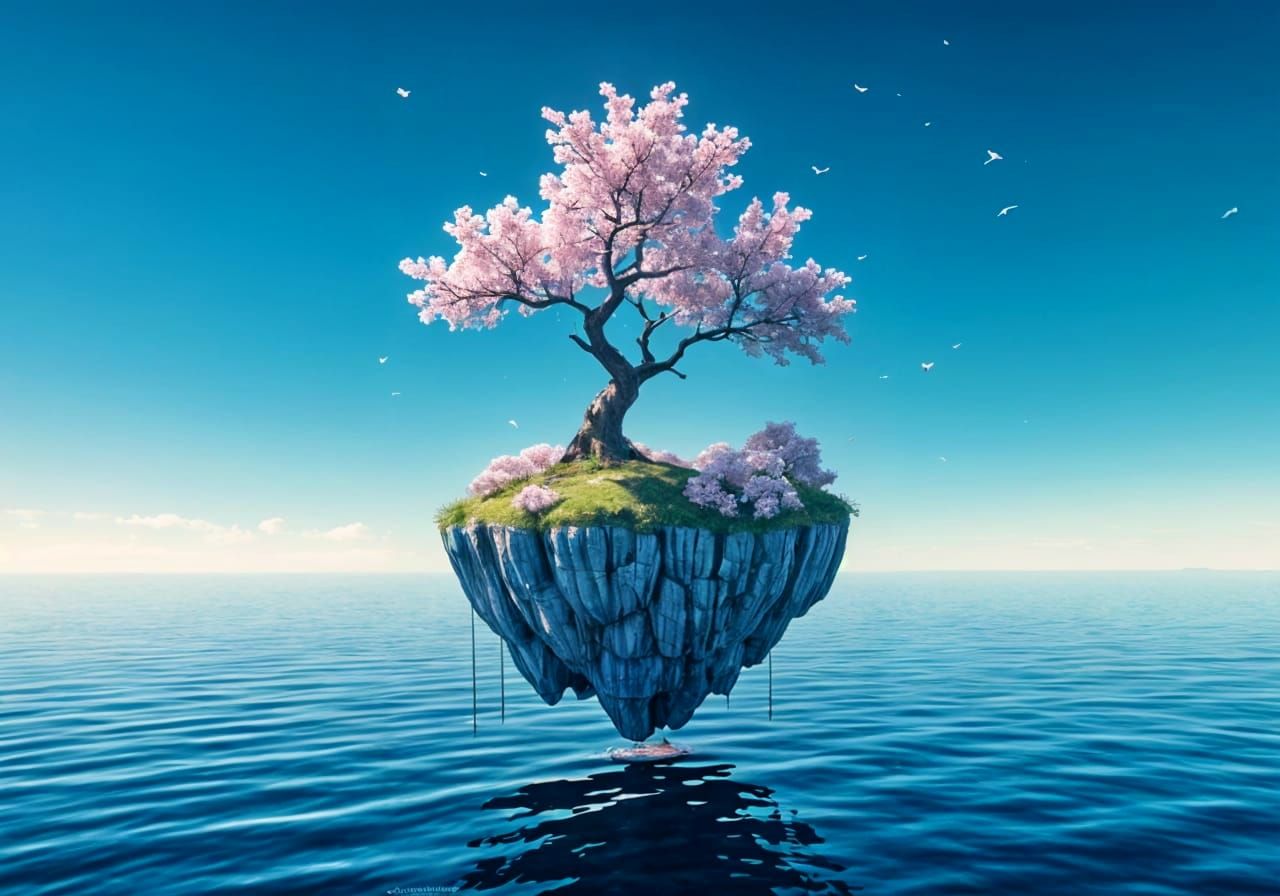 Floating Island with Cherry Blossom Tree in Anime Style