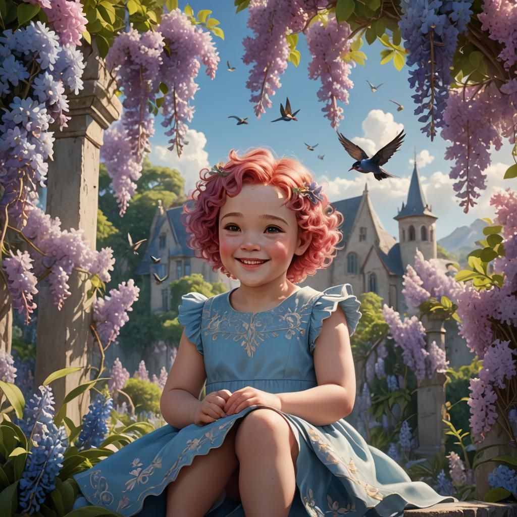 Baby Girl Among Blooming Flowers, Fantasy Art