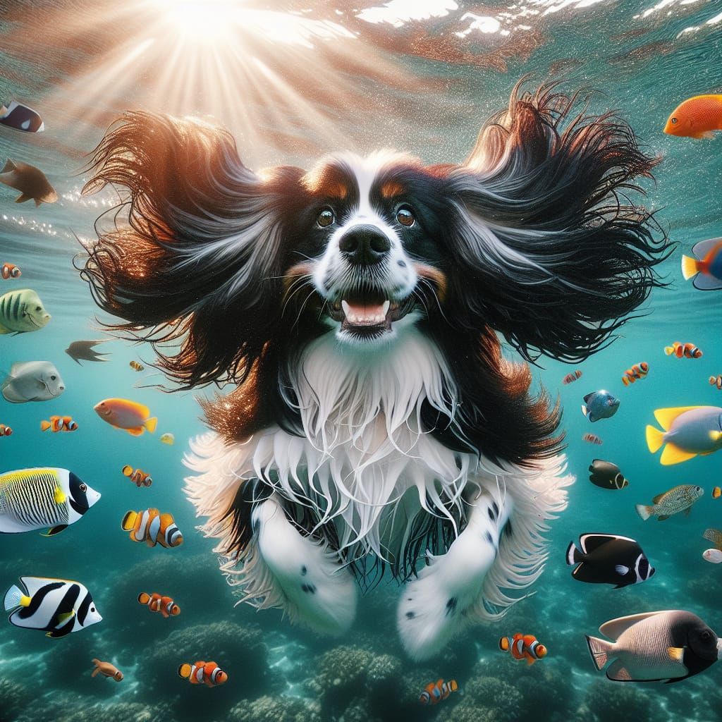 Happy Merspringer Spaniel Lily Swimming with Tropical Fish