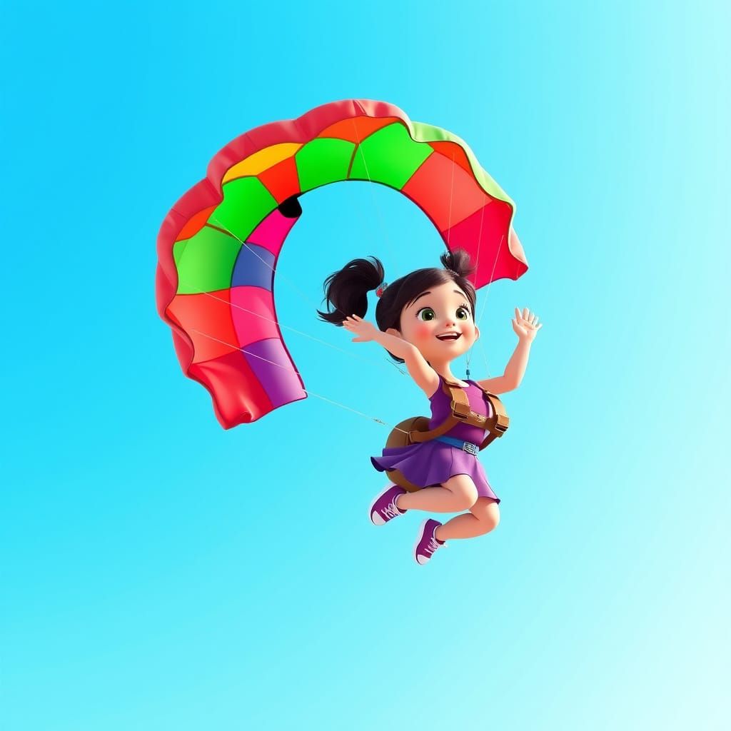 Girl Flying with Parachute in Vibrant 3D Style