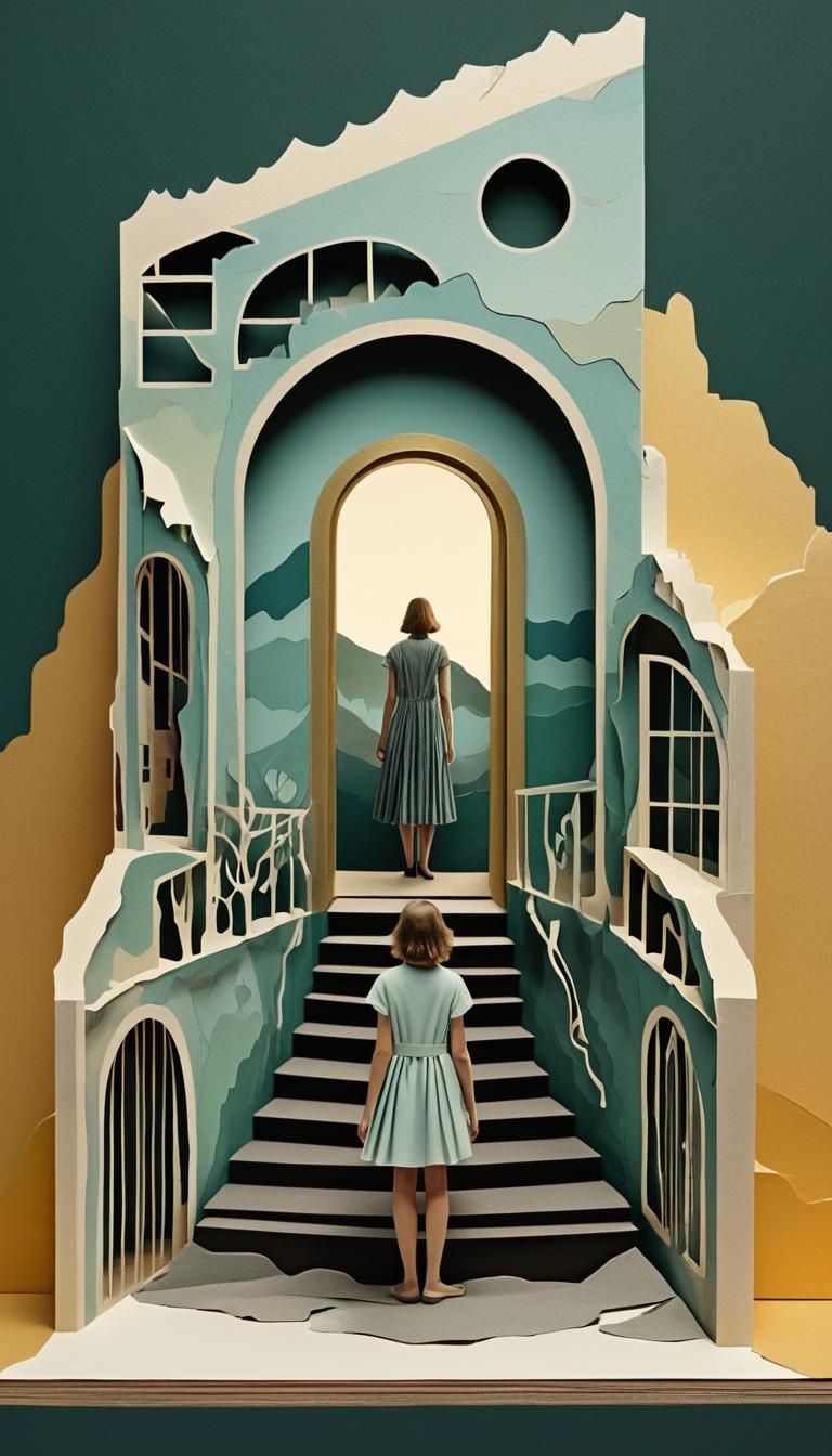 Surreal Paper Collage of Woman in Liminal Space