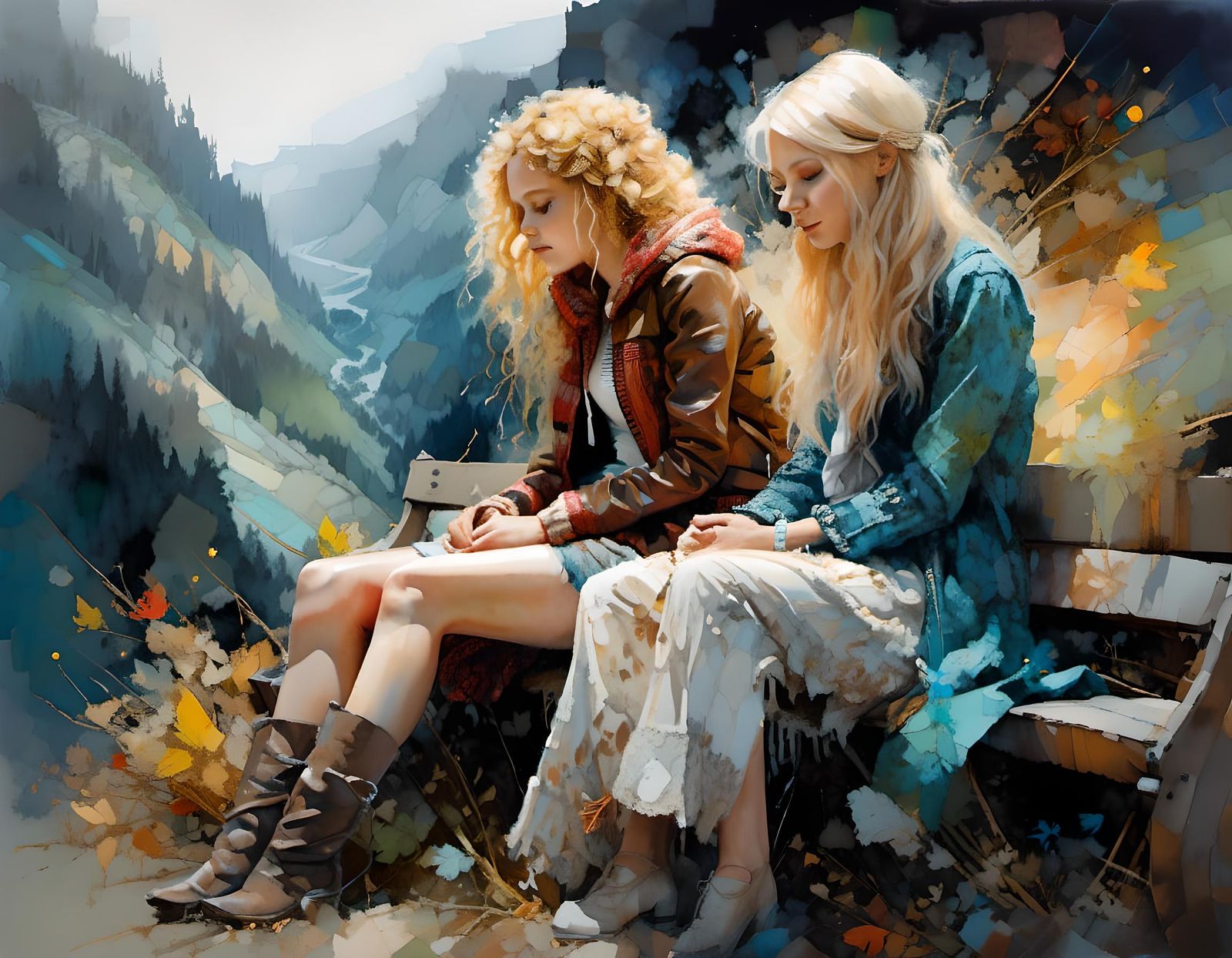 Girls on Mountain Bench: Hyperrealistic Oil Painting