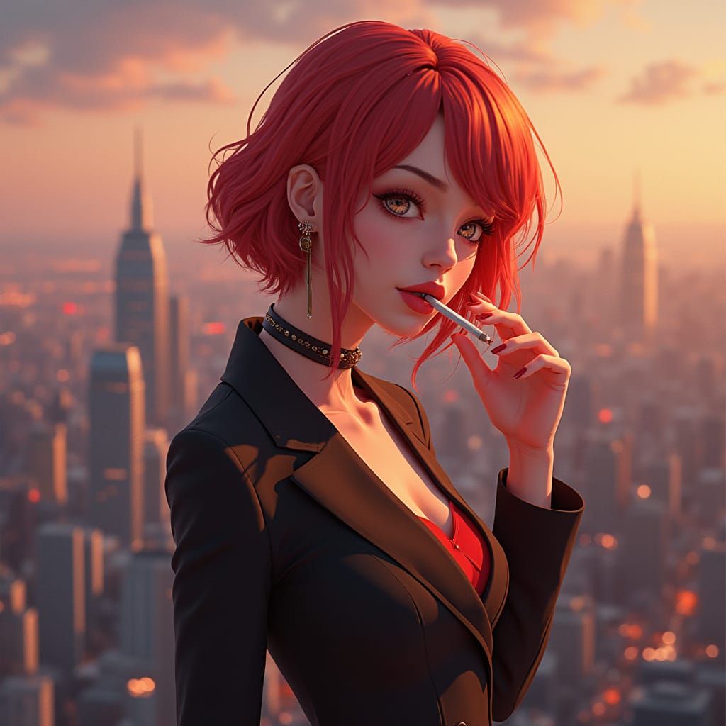 Redhead in Cityscape: 3D Anime Art