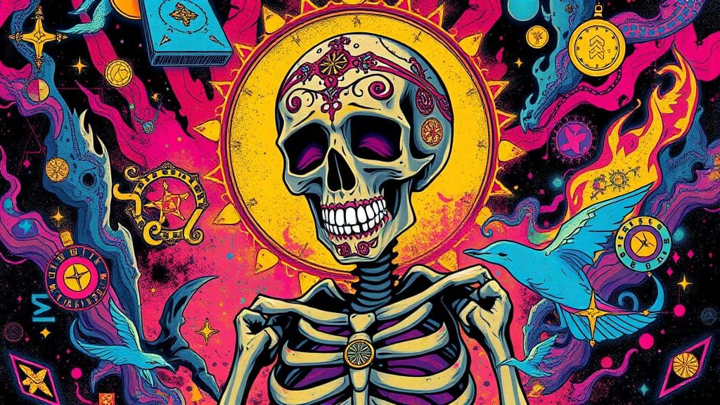 Vibrant Tarot Card with Sugar Skull Skeleton in Graffiti Sty...