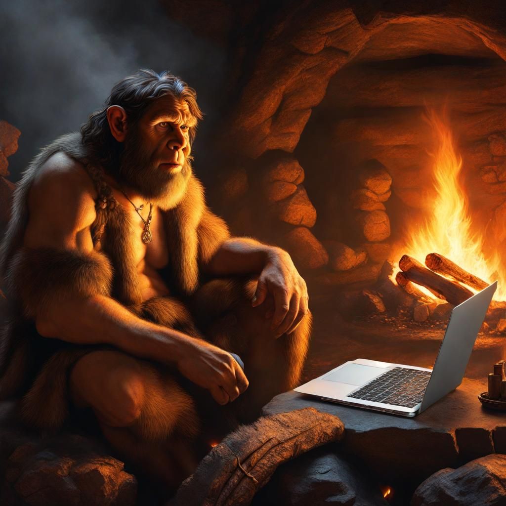 Neanderthal and Laptop: Rembrandt-Style Art