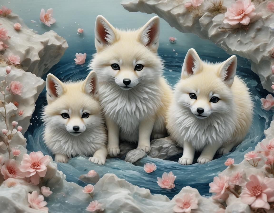 Glacial Kitsune Pups: Impasto Oil Painting