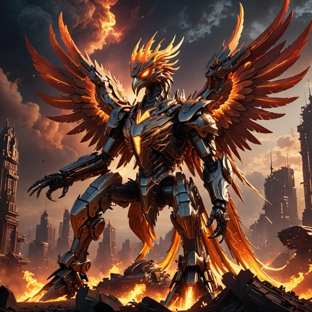Mechanical Phoenix Rising in Fiery Sci-Fi Landscape