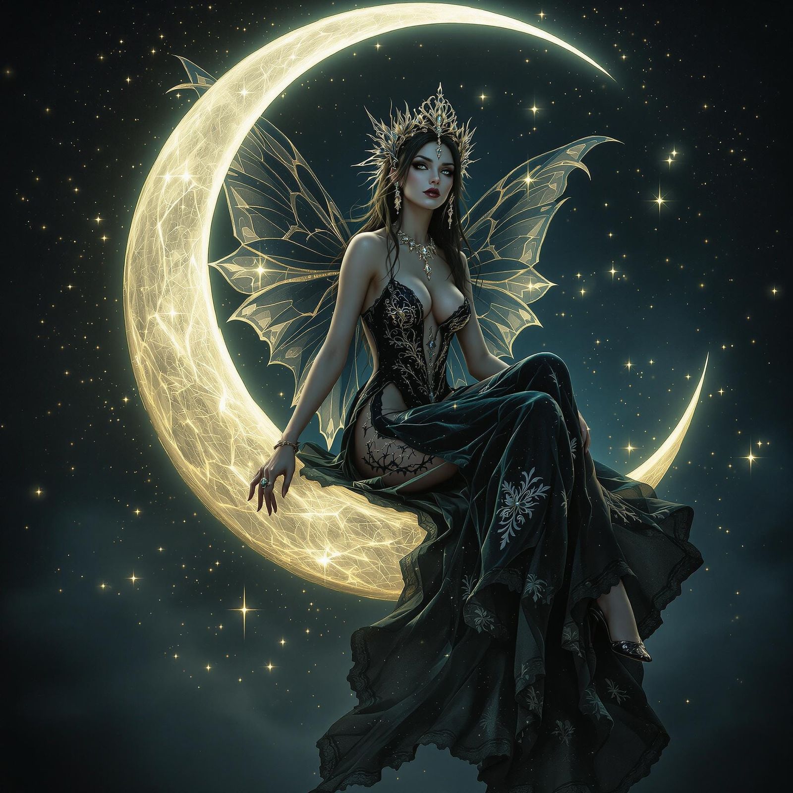 Ethereal Dark Fairy Queen with Black Butterfly Wings