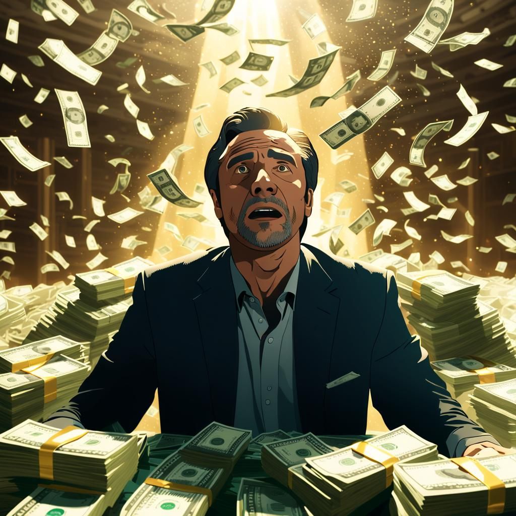 Triumphant Man Rises From Sea of Money: Cinematic Still