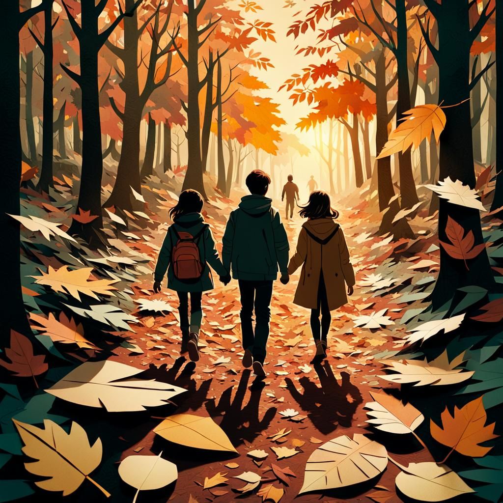 Paper Collage Forest Walk in Warm Sunset Colors