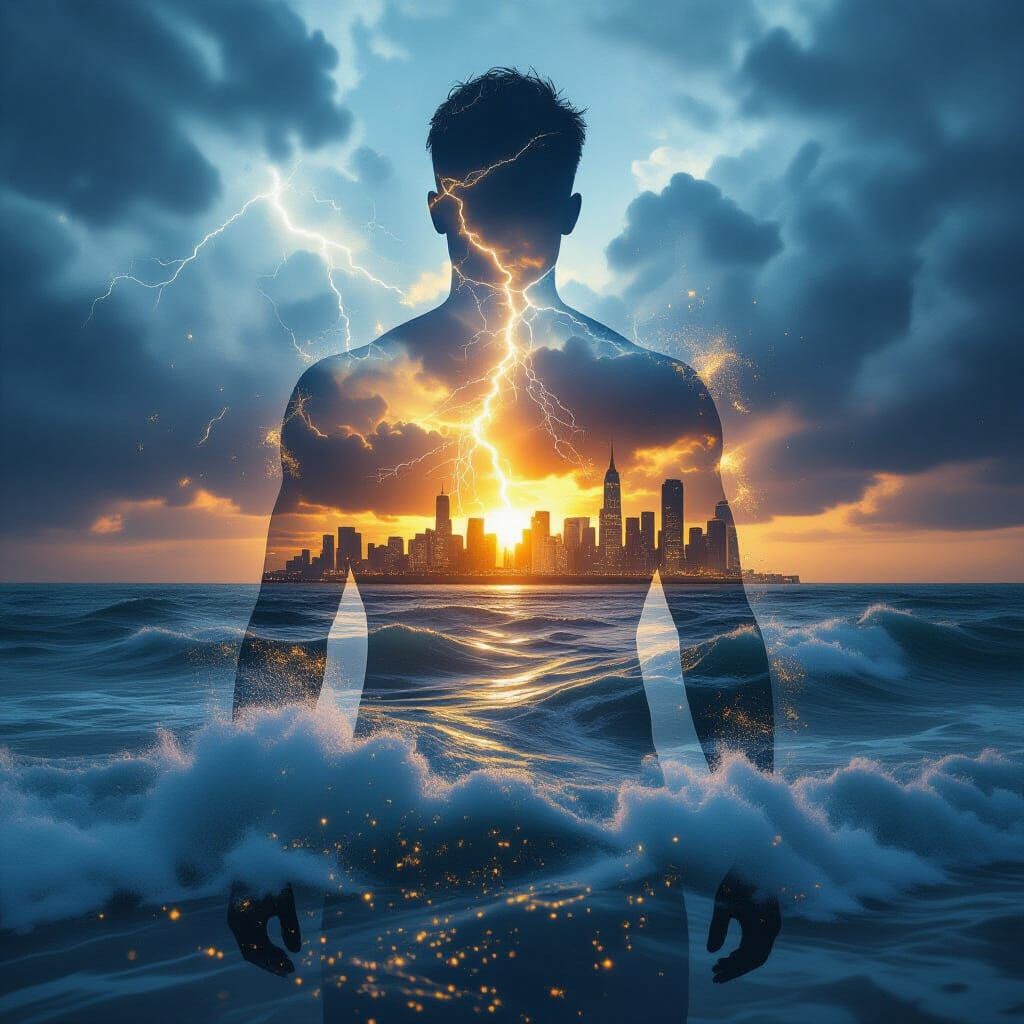 Surreal Double Exposure Portrait: Stormy Ocean and City