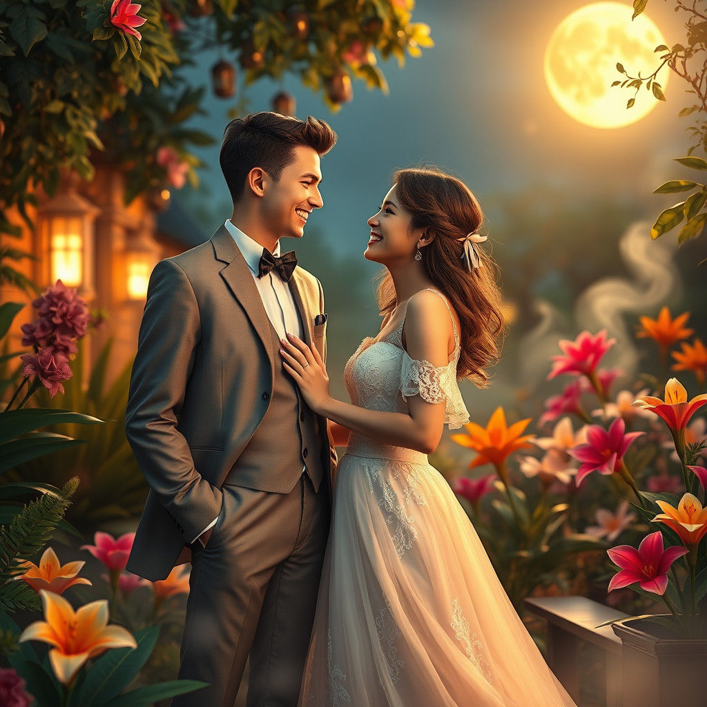 Romantic Couple in Moonlit Garden, Fantasy Concept Art