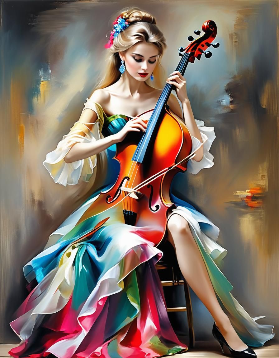 Woman Playing Bass: Oil Painting by Razumovskaya