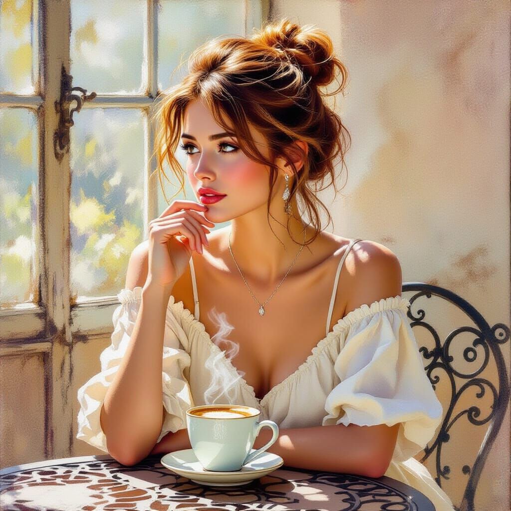 Woman with Coffee: Impressionistic Oil Painting