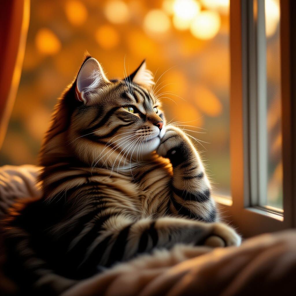 Thoughtful Cat Pondering by Autumn Window