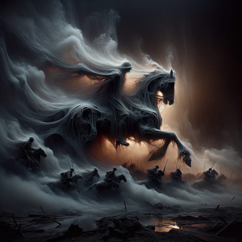 Eerie WWI Battlefield with Cavalry Made of Smoke