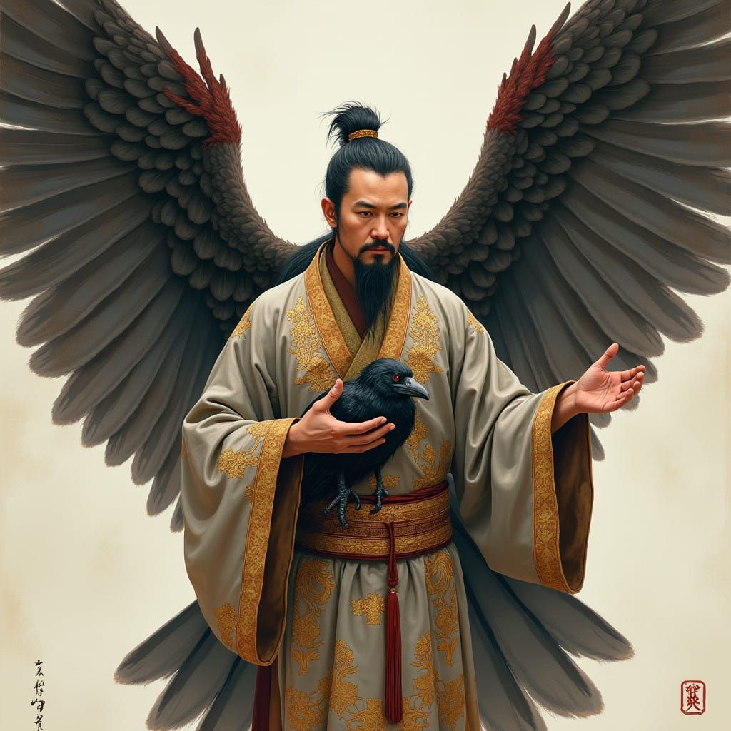 Chinese Man with Vulture Wings and Baby Crow