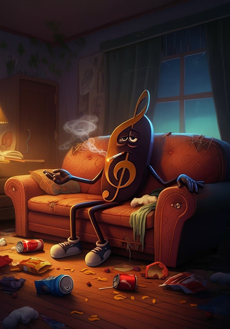 Weary Treble Clef Lounging: A Pixar-Style Scene