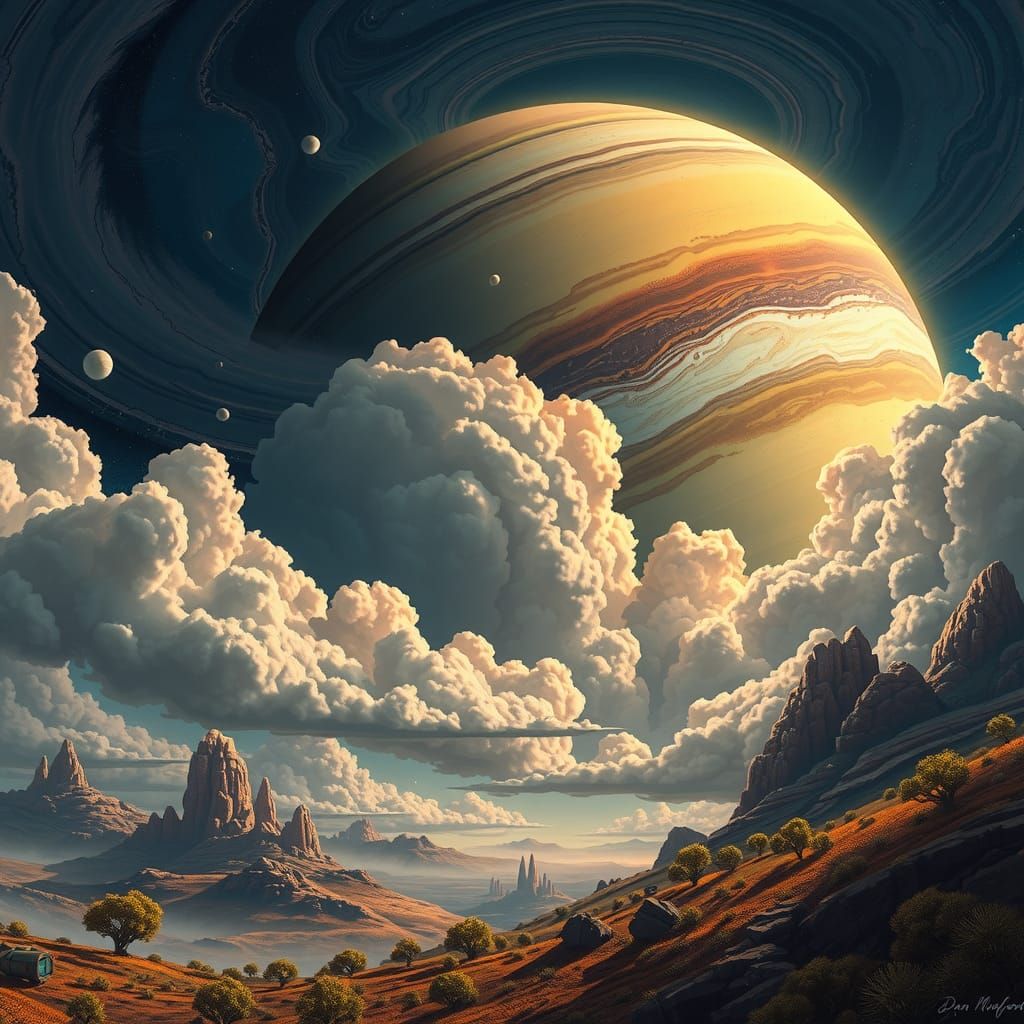 Jupiter Clouds and Alien Landscape Illustration