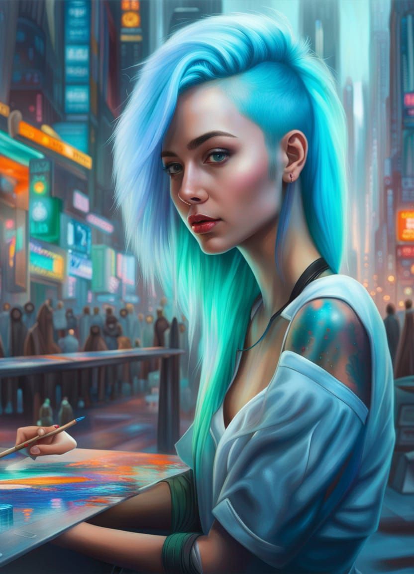 Futuristic Cityscape Portrait of a Cyberpunk Woman
