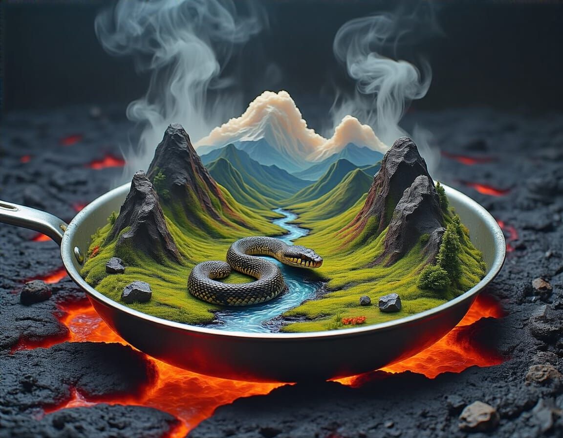 King Cobra Landscape in Frying Pan, Spray Paint Art