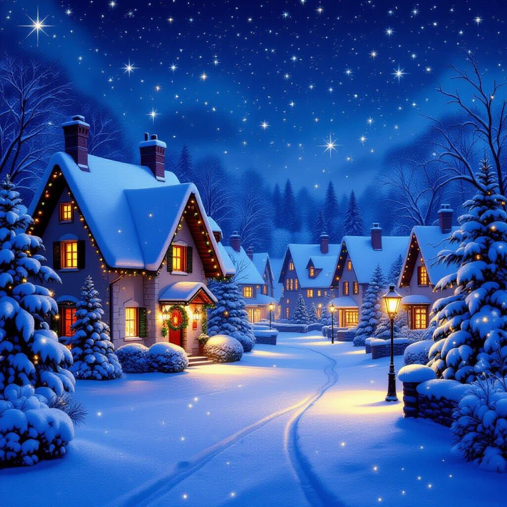 Enchanting Snowy Christmas Village at Night