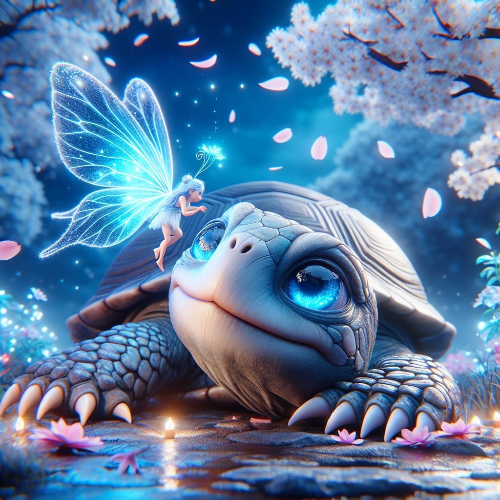Cute Turtle and Blue Firefairy in Magical Garden