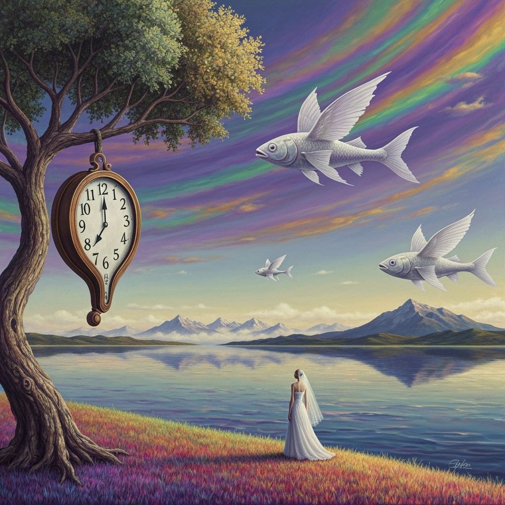 Surreal Dreamscape with Clock and Flying Fish