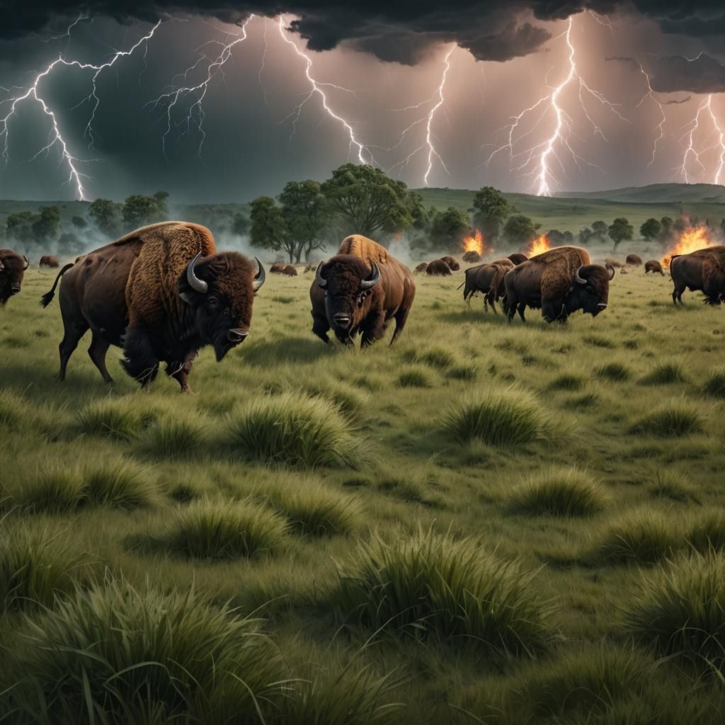 Bison in Lightning Storm: Epic Digital Painting