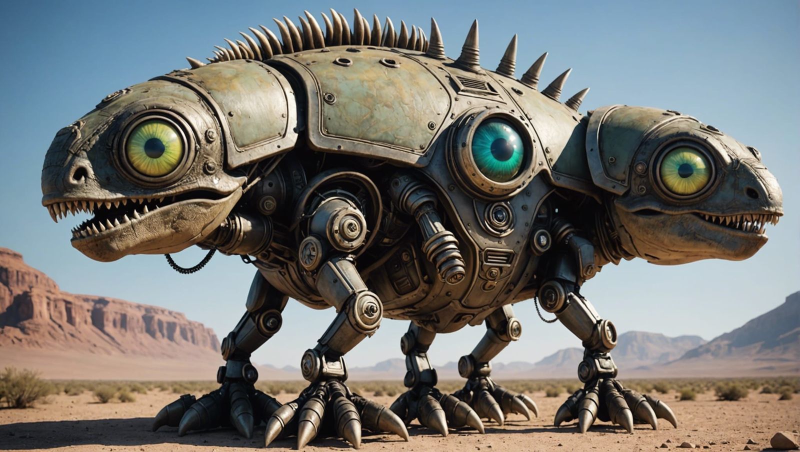 Two-Headed Alien Dinosaur in Punk Styles